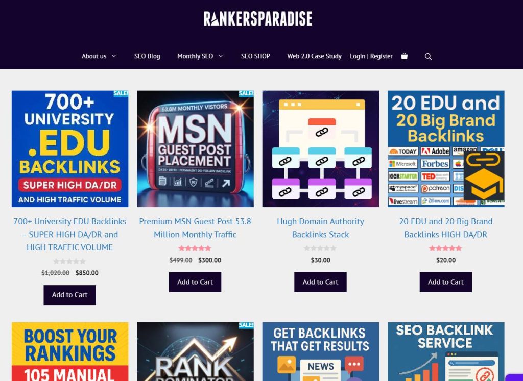 Shows some backlink services available from rankersparadise.com